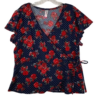 Camisa Polkadot Envolvente Peplum Talla Grande 2XL Cuello en V Profundo Azul Rojo Rosa Dobladillo Alto Bajo Foto 1 de 4