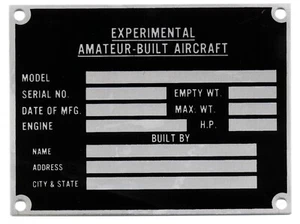 Data Plate- Experimental, Amateur-Built Aircraft, Home Built Airplane DPL-0116 - Picture 1 of 5