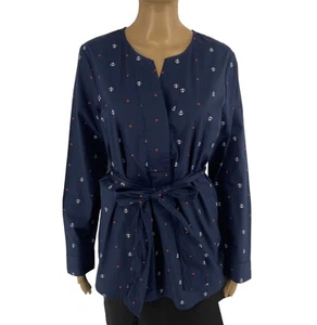 NAUTICA Women Navy Blue Anchor Print Belted Long Sleeves Blouse Size M - Picture 1 of 11