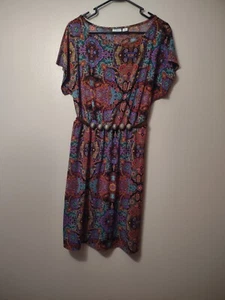 Cato Bright Floral Size L cap Sleeve Dress Wood Bead Attached Belt - Picture 1 of 5