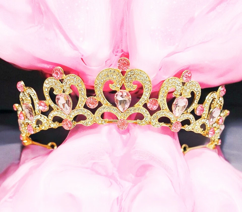Tiara de Cristal Rosa, Tiara Dorada Niña, Tiara en Forma de Corazón, Tiara Fiesta Princesa Foto 1 de 4