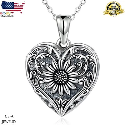 Collar medallón grande en forma de corazón de girasol foto plateada mujer collar joyería Foto 1 de 4