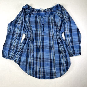 Charlotte Russe Western Plaid Babydoll Top Blue Cotton Long Sleeve Rouching NWT - Picture 1 of 12