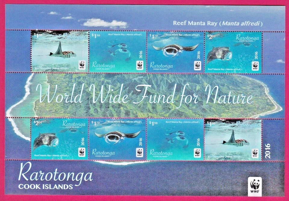 2016 MANTA RAY STAMP SHEET COOK ISLANDS RAROTONGA WWF REEF RAYS 8 POSTAGE STAMPS - Image 1 of 1