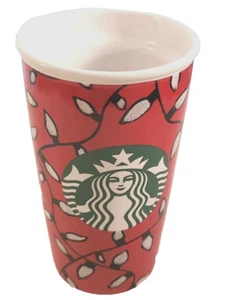 Starbucks Coffee Travel Tumbler Mug 12oz Christmas Lights Logo Red Ceramic 2016 - Picture 1 of 10