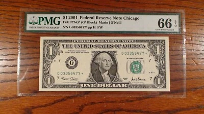 2001 PMG GEM UNC 66 EPQ ONE DOLLAR *STAR* BANKNOTE CHICAGO $1.00 BILL! - Image 1 of 4