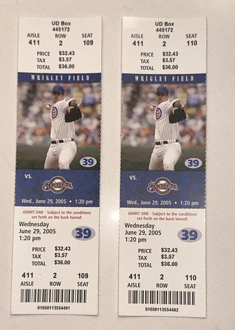 6/29/05 Brewers MLB Chicago Cubs Wrigley Full Ticket Stub Kerry Wood 9 K Walkoff Cover