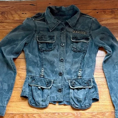 Guess Women’s Small Military Jacket – Olive Green Floral Camo – Cropped Utility  - Image 1 of 4