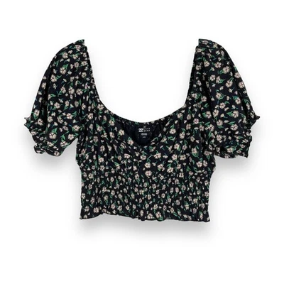 Billabong Top Womens S Black Floral Cropped Puff Sleeve Smocked Love Song SS - Image 1 of 4