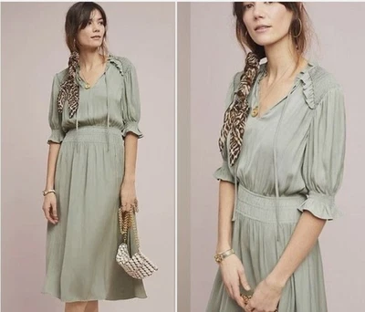 Anthropologie Current Air Cape May Midi Dress Size XS Sage Green Smocked Boho - Image 1 of 4