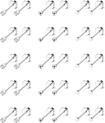 15 Pairs Tiny Surgical Steel Gold Stud Earrings, Comfortable Screw Back Flat Bac - Image 1 of 4