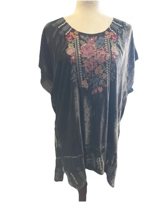 Johnny Was JWLA Velvet Tunic Top Silk Gray Boho Embroidered Floral Large FLAW - Image 1 of 4