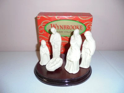 Presépio de porcelana vintage Wynbrooke 6 peças com base de madeira na caixa usado - Imagem 1 de 4