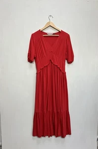 Baukjen Ottilie Midi Dress Size UK 12 Red Jersey Tiered V Neck Stretch Christmas - Picture 1 of 9