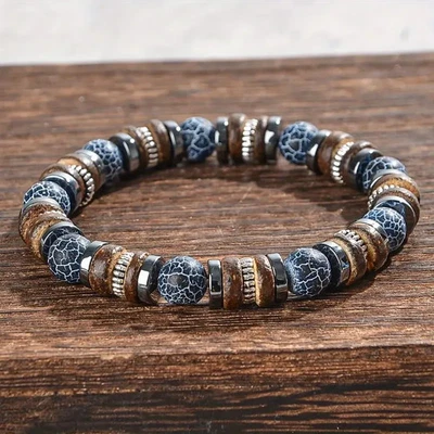 Bracelet de perles Agate craquelée, Hématite et Bois, Sur mesure Homme Femme - Photo 1/2