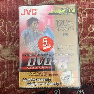JVC Blank Recordable DVD+R 5 Pack 4.7 GB 1~8x 120 minutes Sealed in Tall Cases - Image 1 of 2
