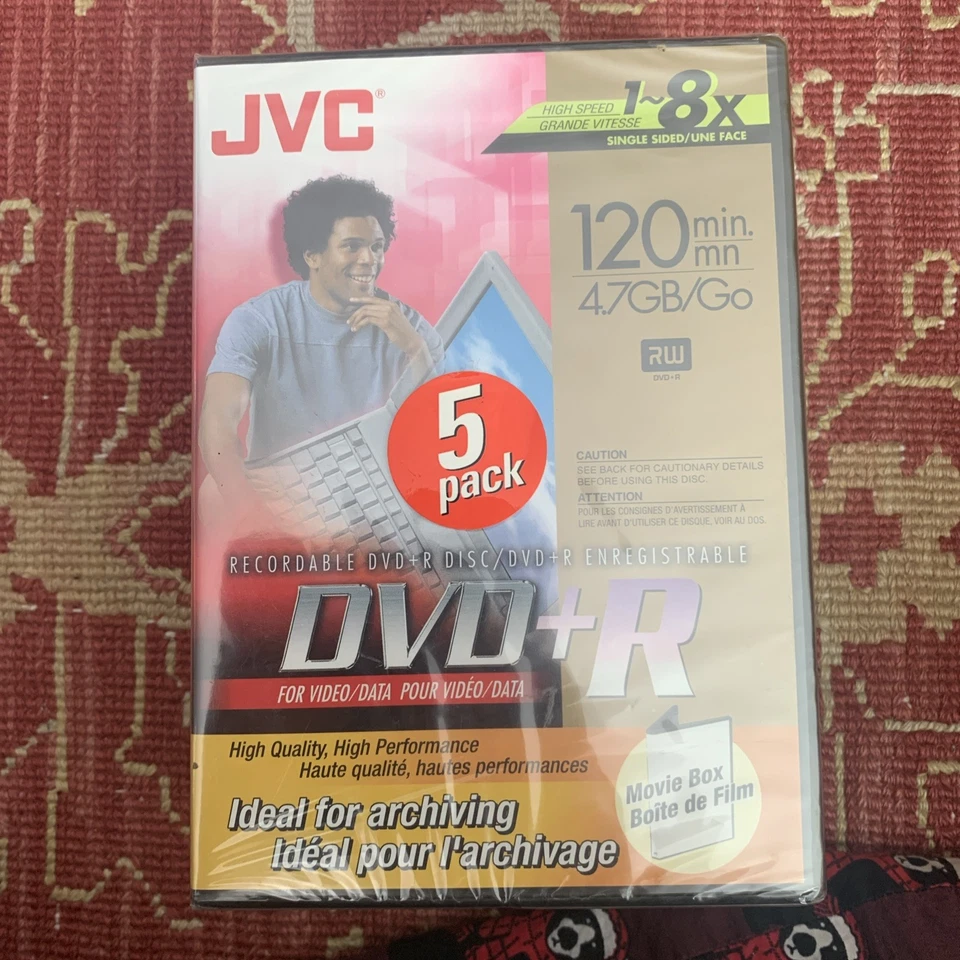 JVC Blank Recordable DVD+R 5 Pack 4.7 GB 1~8x 120 minutes Sealed in Tall Cases - Image 1 of 2