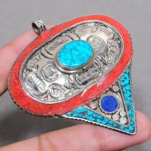 Tibetan Turquoise Coral Lapis Lazuli Handmade Jewelry Nepali Pendant 3" SR 2206 - Foto 1 di 7