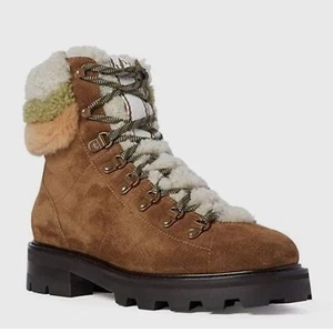 Jimmy Choo Eshe Flat Shearling Lace Up Combat Boots Suede Clove/Nutmeg US 7 IT37 - Picture 1 of 9