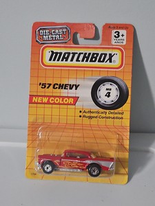 Matchbox '57 Chevy, MB4, New Color, Red w/Silver & Flames, Hood Opens, 1:64 NIP