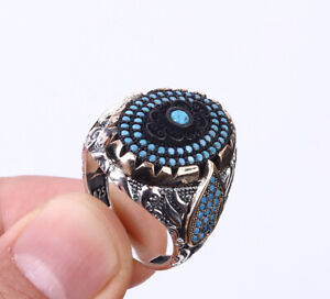OTTOMAN SIMULATED TURQUOISE .925 SILVER & BRONZE RING SIZE 10.5 #29280