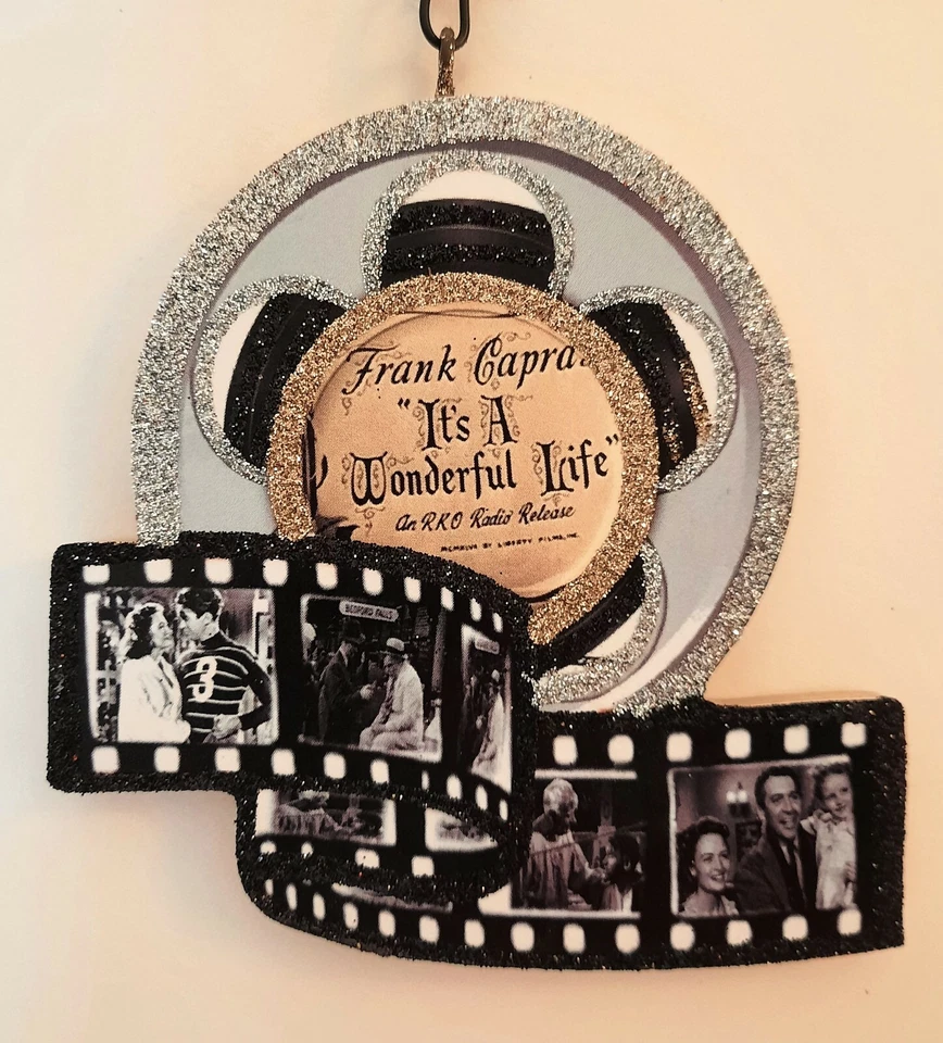 STROMBOLI'S WAGON FILM REEL & STRIP - WONDERFUL LIFE * Glitter CHRISTMAS ORNAMENT * Vtg Img