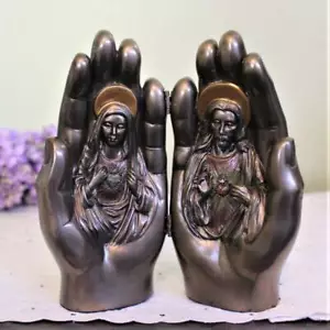 Betende Hände Heiliges Herz Jesu und Unbeflecktes Herz Maria Bronziert 6,5 Zoll - Bild 1 von 5