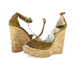Womens JIMMY CHOO brown suede t-strap sandals wedges sz. 38.5 $550 - Picture 1 of 7