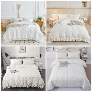White Texture Ruffled Duvet Doona Quilt Cover Set Queen King Size Bed Pillowcase - Picture 1 of 39