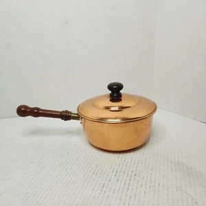 BONGUSTO Copper Sauce Pan/Pot Lid ITALY 7" Dia Covered Cooking TinLined VTG Wood - Picture 1 of 19