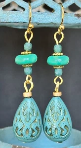 Gold, Turquoise and Vintage Etched Blue Teardrop Earrings. - Picture 1 of 3