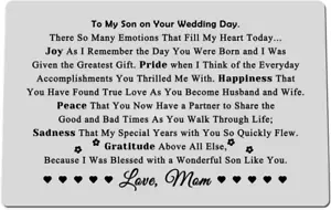 Son Wedding Gifts from Mom Engraved Wallet Insert Card for Son on Wedding Day to - Picture 1 of 12