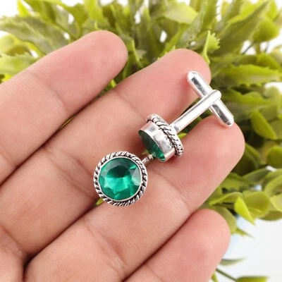 Lab Created Emerald Gemstone 925 Sterling Silver Handmade jewelry Earring Gift - Image 1 of 3