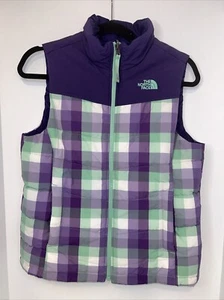 North Face Vest Girls Large Purple Green Plaid Puffer Reversible Kids Youth - Picture 1 of 21