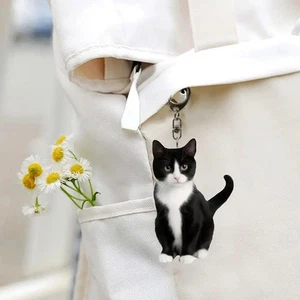 1pcs Black And White Cat Keychain, Acrylic Cat Pendant, Animal Key Ring - Picture 1 of 20