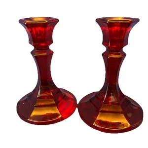 2 Vintage Glass Ruby Chandelier Candlesticks 4.5” Indiana Glass Christmas #6218 - Picture 1 of 9