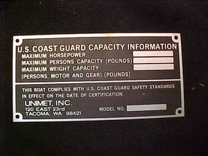 Vtg U.S. Coast Guard Capacity Plate Tag Plaque Boat 1960s Authentic Original - Picture 1 of 3