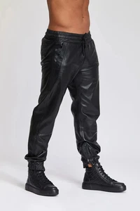 Men's Black Real Lambskin Leather Sweat Pants/Jogger Trousers Track leather Pant - Picture 1 of 8