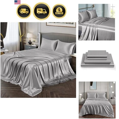 Silky Satin Sheets Full Size Bed Sheet Set Soft Satin Bed Sheets Silver Grey - Image 1 of 4