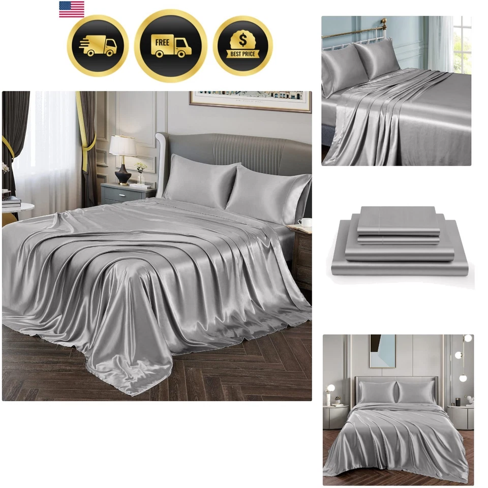 Silky Satin Sheets Full Size Bed Sheet Set Soft Satin Bed Sheets Silver Grey - Image 1 of 4