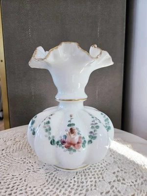 Large Fenton Charleton Old Hand Painted Milk Glass Melon Vase - Image 1 of 4