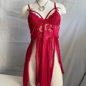 Womens Red Lace Lingerie Babydoll Chemise Nightgown Medium Slit Sheer alt - Picture 1 of 10