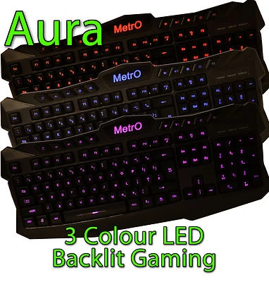 Metro Aura Illuminated Backlit LED UK USB Wired Gaming Style Keyboard 3 Colour  - Image 1 of 4