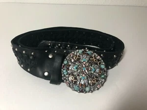 Leatherock Turquoise & Rhinstone Buckle Black Leather Belt Women's Size L 36 - Picture 1 of 6