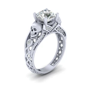 Classic Simulated Diamond Skull Ring Womens Mesh Gothic Engagement Ring Silver - Picture 1 of 12