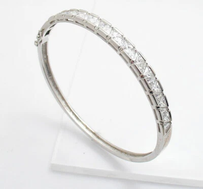 Trillion Cut CZ Stones Hinged Bangle Bracelet Anti-Tarnish 925 Sterling Silver  - Image 1 of 4