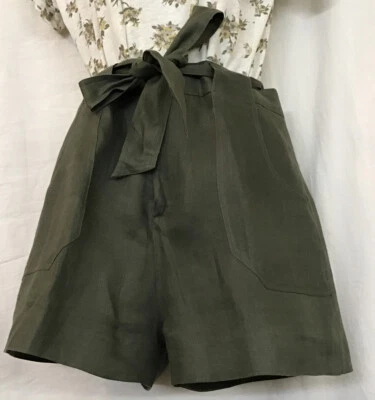 Pantalones Cortos Equipment de tiro alto Caqui Verde Lino Corbata Cintura Forrados Talla 4 Foto 1 de 4