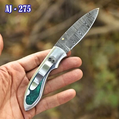 Handmade Forged Damascus Folding Blade Pocket knife - Back Belt Clip Gift Knives - Image 1 of 4
