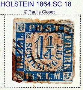 HOLSTEIN 1864 SC 18 1¼S ROULETTED 8 UNG STAMP FROM  EST. COLLECTION F/VF - Picture 1 of 1