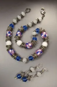 Handmade Cobalt Blue Purple White Lampwork Glass Pewter Beaded Necklace Set A16 - Picture 1 of 7